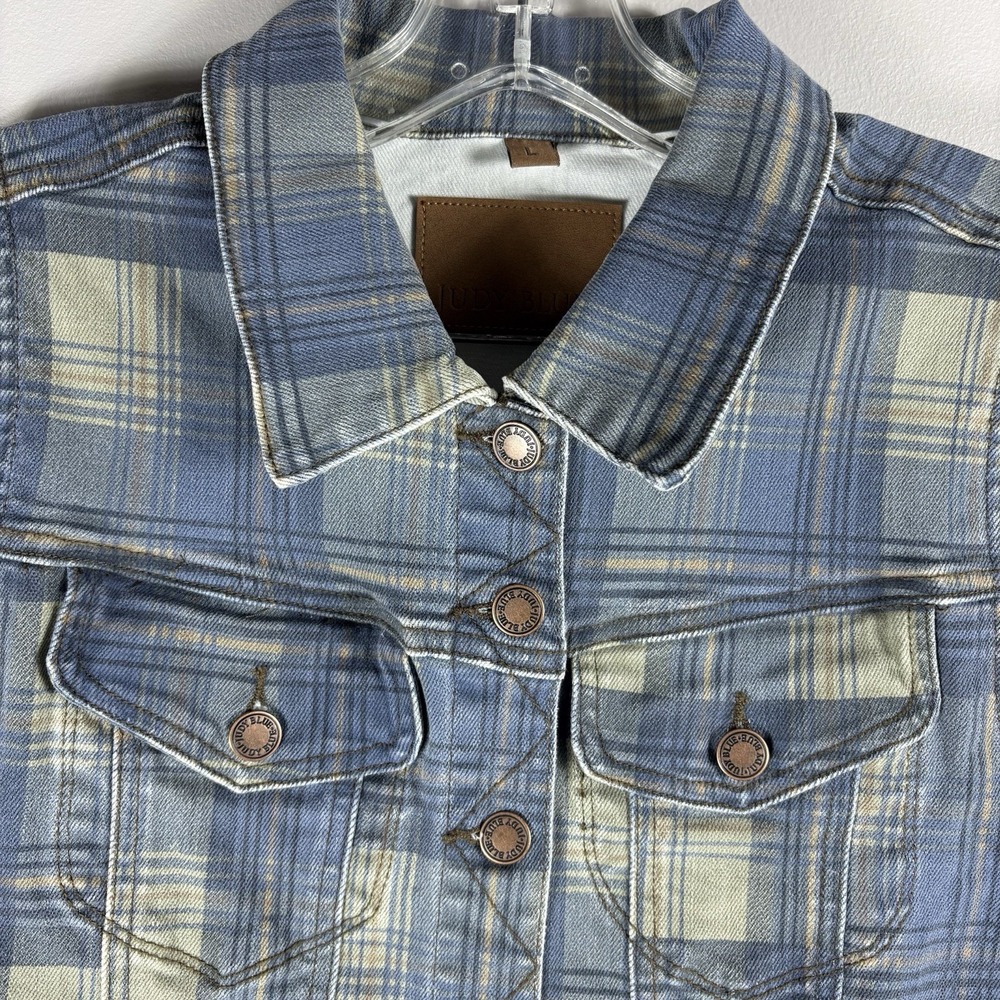 Judy Blue Women's Large Blue Plaid Button Front Sleeveless Denim Jean Vest